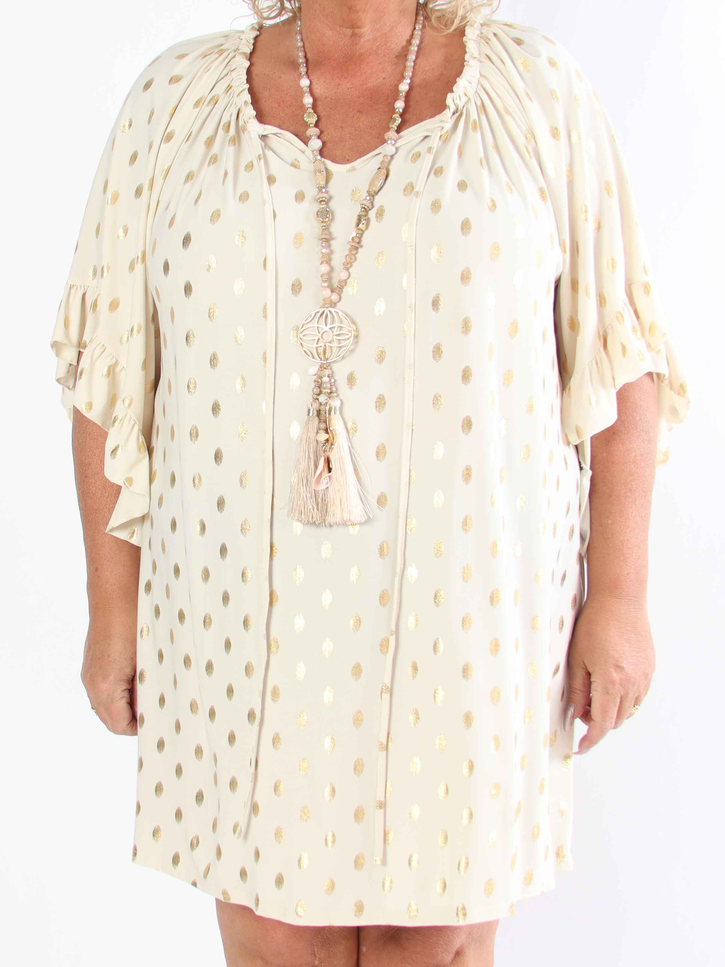 Yasma - Plus size tunikakjole med guld prikker og flæseærmer